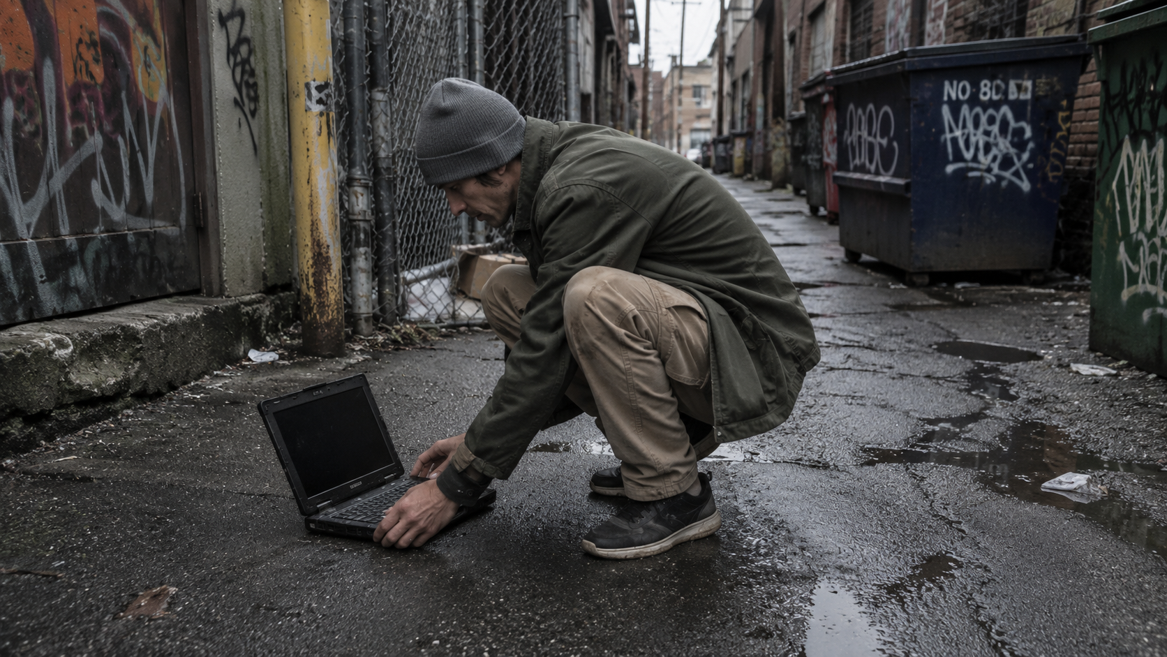 Weggeworfener Laptop im Hinterhof neben dem Container